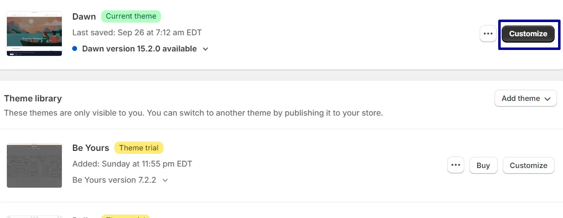 Select the “Customize” button next to a theme